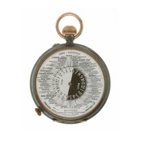 GMT avant la lettre: Taschenuhr «Hora-Universa», Schweiz, um 1880, mit Weltzeitindikation. Die seitliche Krone dient dem Stellen der drehbaren Tag-Nacht-Scheibe über dem Ortsverzeichnis. Lesebeispiel: Wenn die Kirchenglocken in Wien die volle Stunde um sechs Uhr abends schlugen, war es in Genf erst Viertel nach fünf.