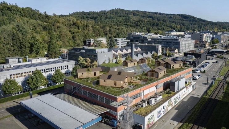 So soll die Tiny-House-Siedlung auf dem Fabrik-Dach in Baden AG dereinst aussehen.