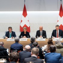 Medienkonferenz am 19. März 2023 in Bern anlässlich der Übernahme der Credit Suisse durch die UBS mit Vertretern von Banken, der Nationalbank und des Bundes.