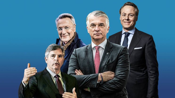 Lohngewinner: GE-Boss Larry Culp, ABB-Chef Björn Rosengren, Ex-UBSChef Sergio Ermotti und sein Nachfolger Ralph Hamers (v.l.).