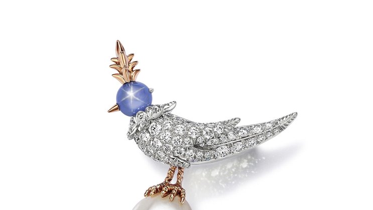 Keck: Brosche aus Platin und Roségold mit semi-barocker Perle, einem unbehandelten Sternsaphir und Diamanten.