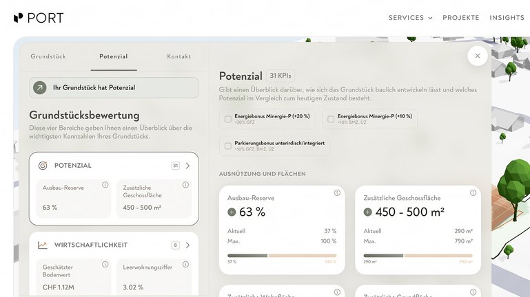 Zonenplan, Ausnützungsziffer und Marktpreise: PORT bündelt die relevanten Informationen für fundierte Immobilienentscheide.