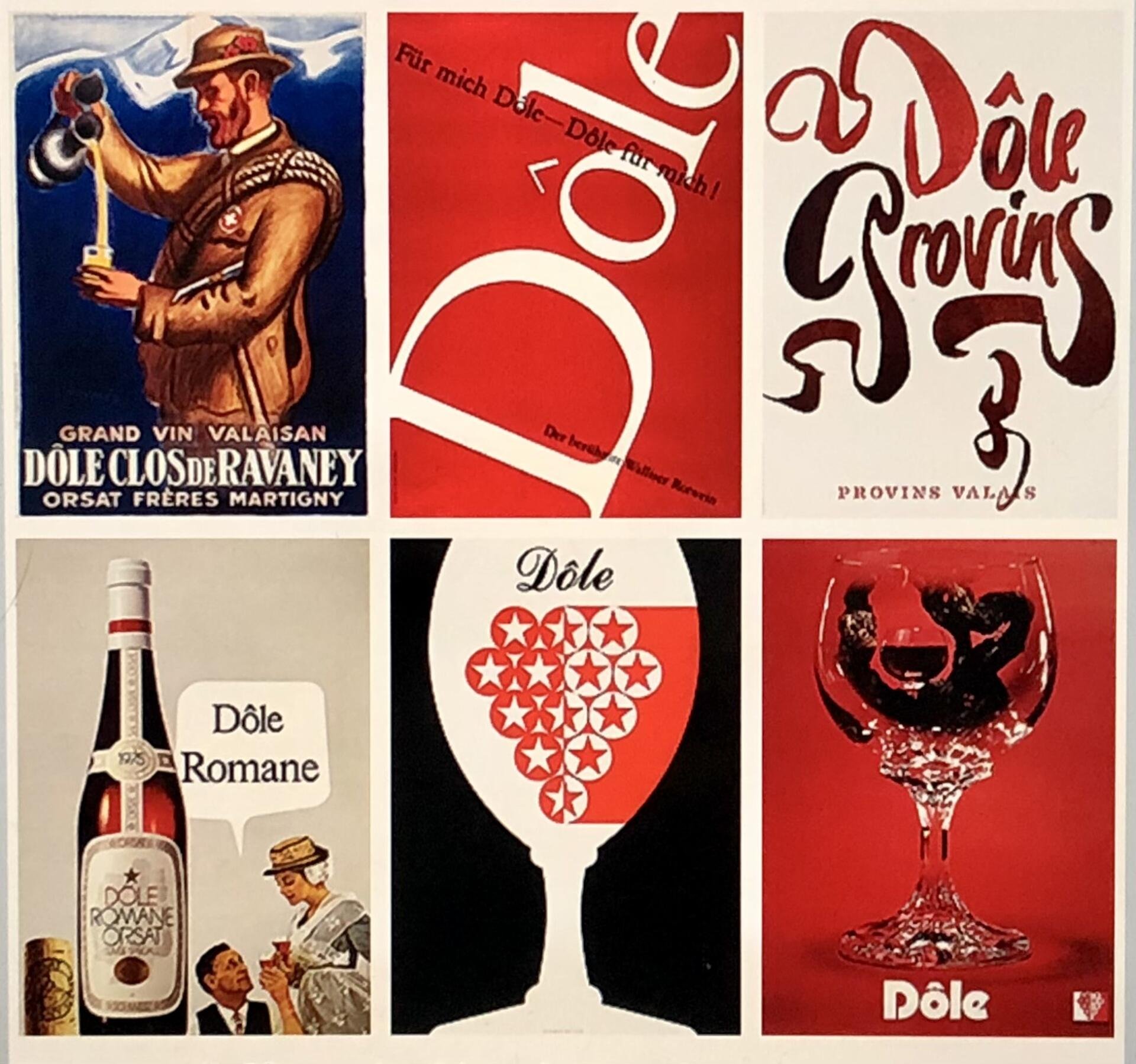 Serie von alten Werbeplakaten für den Walliser Dôle.