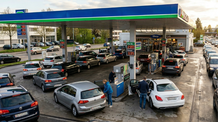 Stau beim Tanken. Wenn die Nachfrage das Angebot übersteigt.
