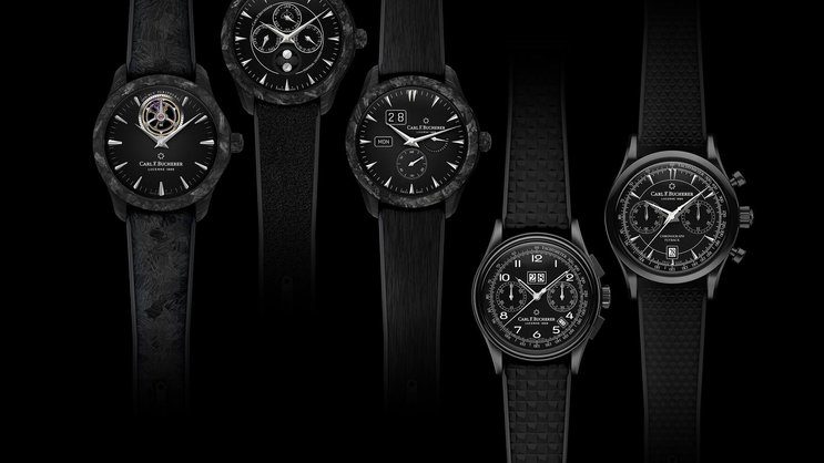Die «Capsule Collection» von Carl F. Bucherer: Manero Tourbillon Double Peripheral Black, 58’000 Fr., Manero Peripheral Perpetual Calendar Black, 35’000 Fr.; Manero Peripheral Big Date Black, 22’000 Fr.; Heritage Bicompax Annual Black, 8600 Fr.; Manero Flyback Black, 7800 Fr. (von links).