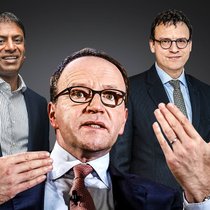 Neues Aktionariat: Novartis-Chef Vasant Narasimhan (l.), Swiss-Life-Chef Patrick Frost (r.) und Nestlé-CEO Mark Schneider haben nun mehr mit Schweizer Investoren zu tun. Bei Novartis haben die Schweizer von den Amerikanern die Poleposition übernommen.