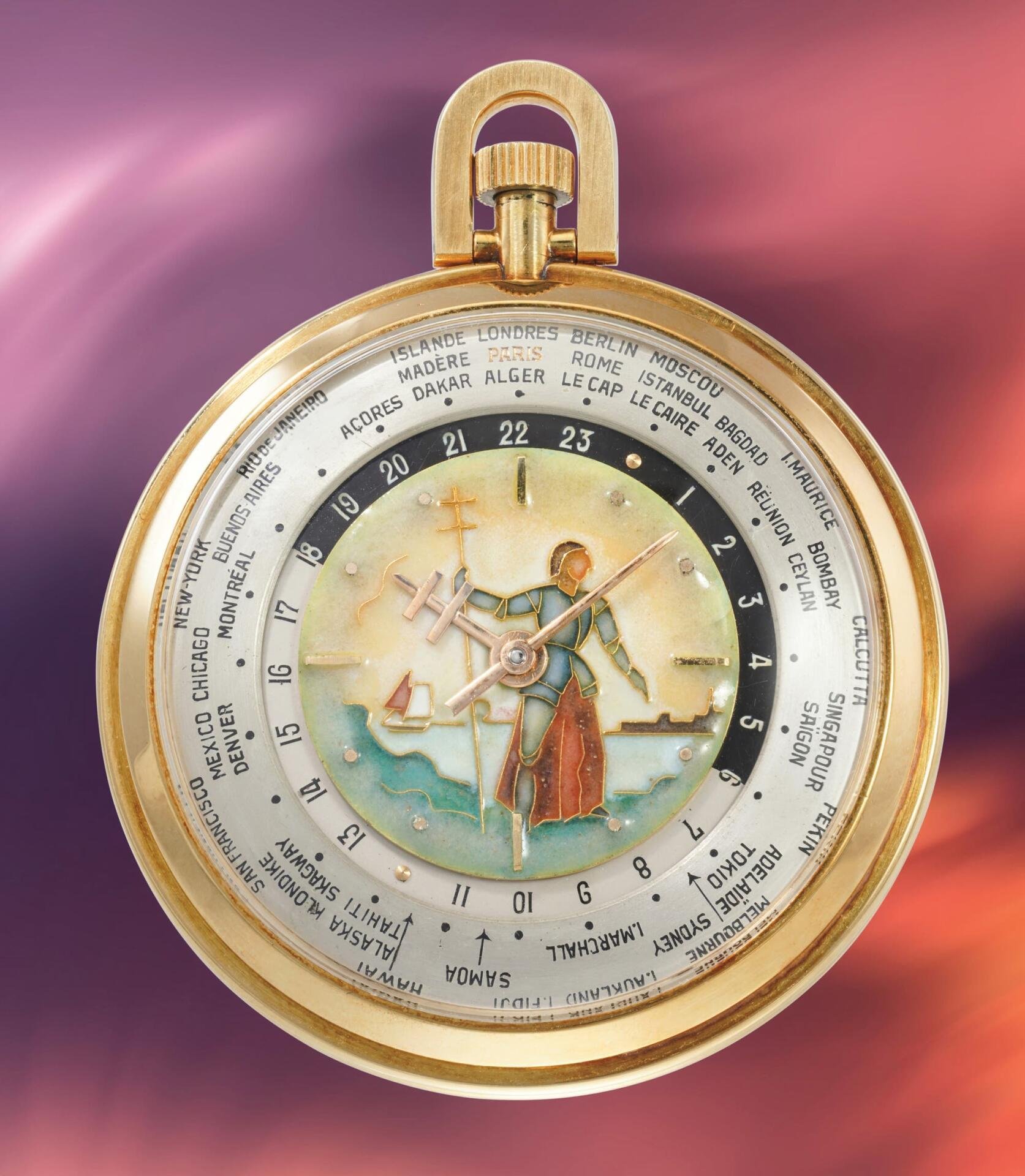 Die Taschenuhr mit Jeanne d’Arc auf dem Zifferblatt.