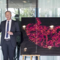 Der Standortleiter Basel der Roche, Jürg Erismann präsentiert an der Eröffnung des Institute of Human Biology ein Organoid.