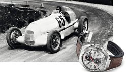Pfeilschnell am Klausen: Rudolf Caracciola 1934; IWC-Chronograph Silberpfeil (u.).