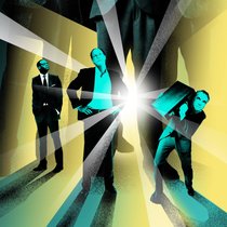 Übermächtig: Die Investment Consultants lassen die erfolgsverwöhnten Vermögensverwalter und Banker wie CS-CEO Tidjane Thiam, BlackRock-Chef Larry Fink und UBS-CEO Sergio Ermotti (v.l.) sehr klein aussehen.