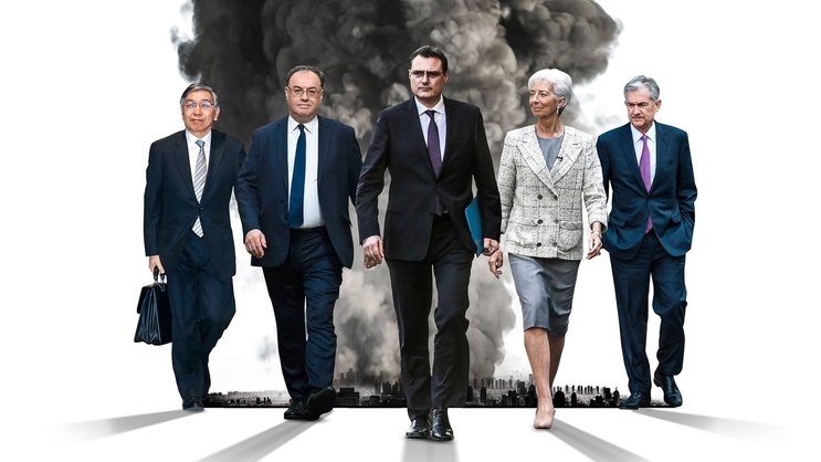 Notenbank-Lenker im Krisenmodus (v.l.): Haruhiko Kuroda (Japan), Andrew Bailey (Grossbritannien), Thomas Jordan (Schweiz), Christine Lagarde (Eurozone), Jerome Powell (USA).