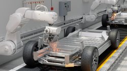 Montage eines E-Autos durch einen Roboter.
