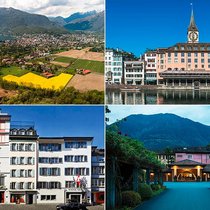 Bührle-Besitz: Die Hotels Terreni alla Maggia in Ascona und Storchen in Zürich (oben) sowie das Widder in Zürich und das Castello del Sole in Ascona (unten).