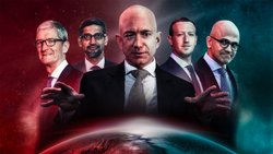 Mächtig wie niemand sonst: Apple-Chef Tim Cook, Alphabet-CEO Sundar Pichai, Amazon-Gründer Jeff Bezos, Facebook-Alleinherrscher Mark Zuckerberg und Microsoft-CEO Satya Nadella (v.l.).