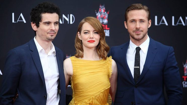 Emma Stone, Ryan Gosling und Damien Chazelle (l.): «La La Land» hat 14 Nominierungen.Keystone