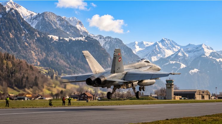 F/A-18 Hornet der Schweizer Luftwaffe im Steigflug: Symbol für das steigende Rüstungsbudgets in einer sich verändernden Weltordnung.