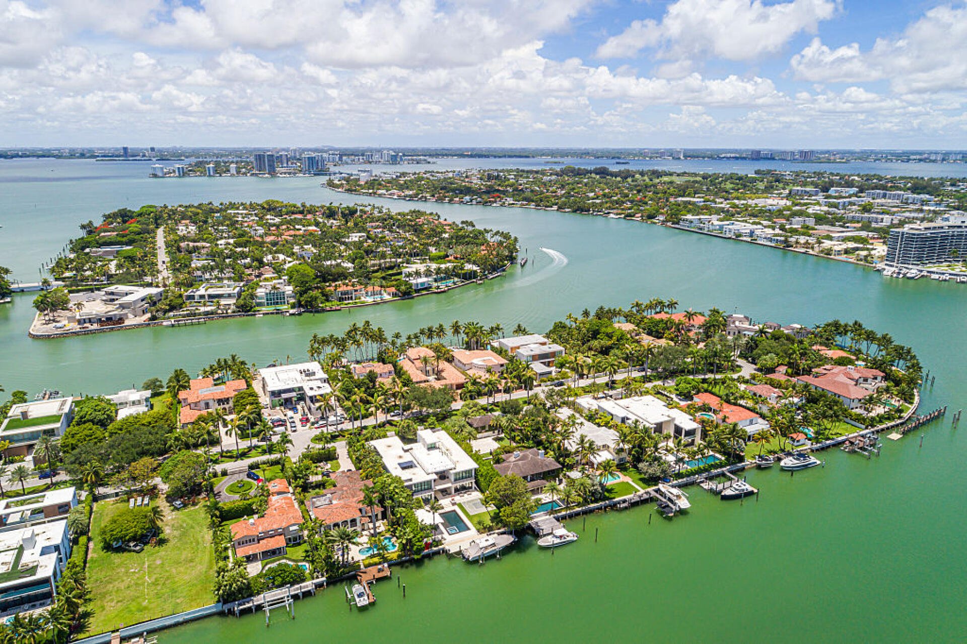 Miami Beach, Florida, North Beach, aerial view of Biscayne Bay, Indian Creek, Allison Island, La Gorce Island, Normandy Isles, Normandy Shores, luxury residential area