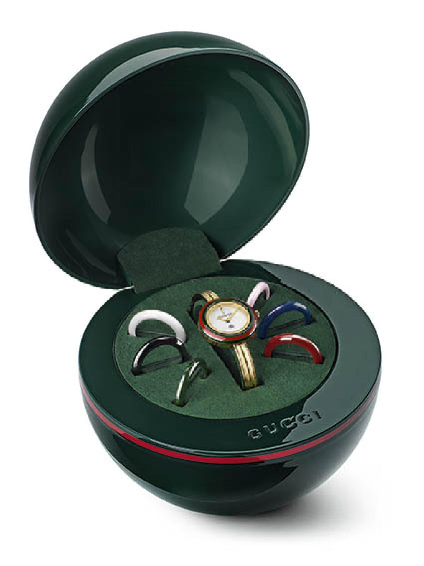 Gucci Play; 28 mm, goldfarbener Edelstahl, Keramiklünetten, Quarzwerk, 2500 Franken.