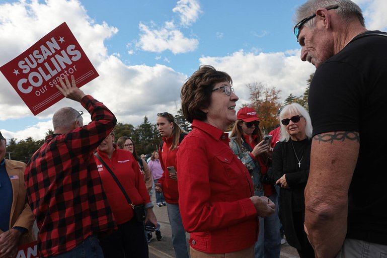 FRYEBURG, MAINE - OCTOBER 09:U.S. Sen. Susan Collins (R-ME) campaigns at the Fryeburg Fair, one of Maine’s oldest and biggest fairs, on October 09, 2026 in Fryeburg, Maine. Collins, a Republican, is in a tight race with Democrat Troy Jackson. (Photo by Spencer Platt/Getty Images)
FRYEBURG, MAINE - OCTOBER 09:U.S. Sen. Susan Collins (R-ME) campaigns at the Fryeburg Fair, one of Maine’s oldest and biggest fairs, on October 09, 2026 in Fryeburg, Maine. Collins, a Republican, is in a tight race with Democrat Troy Jackson. (Photo by Spencer Platt/Getty Images)