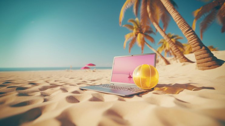 Arbeiten vom Strand aus: «Workation» liegt im Trend, wie Expertinnen bestätigen. Diese Illustration wurde vom KI-Modell Midjourney generiert und von einem Menschen überprüft und finalisiert.