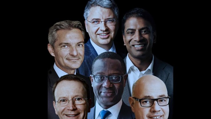 Gefragte Ausländer (im Uhrzeigersinn) : Stéphane Maquaire (Manor), Severin Schwan (Roche), Vas Narasimhan (Novartis), Jacques Mignault (McDonald’s Schweiz), Tidjane Thiam (Credit Suisse), Mark Schneider (Nestlé).