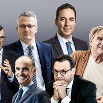 Tops und Flops im Jahr 2020: Pierre-Alain Ruffieux (oben links, Lonza, +54%), Paul Schuler (Mitte links, Sika, +26%), Gilles Andrier (unten links, Givaudan, +19%), Christian Mumenthaler (oben rechts, Swiss Re, -25%), Nick Hayek (Mitte rechts, Swatch Group, -15%), Patrick Frost (unten rechts, Swiss Life, -18%)