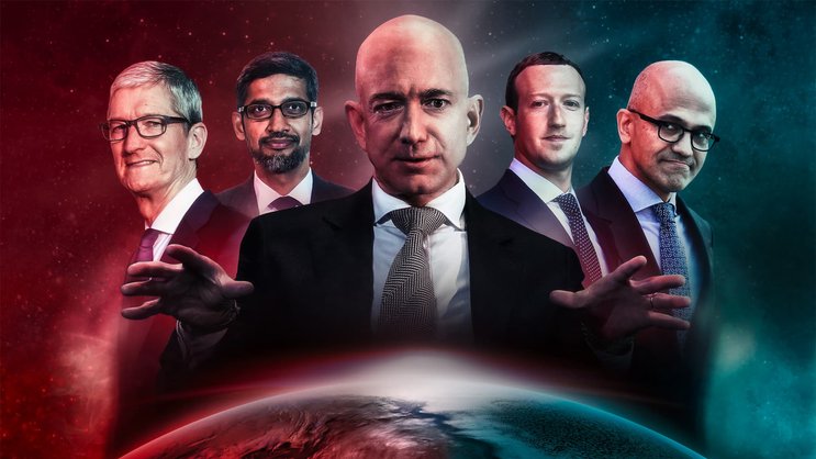 Mächtig wie niemand sonst: Apple-Chef Tim Cook, Alphabet-CEO Sundar Pichai, Amazon-Gründer Jeff Bezos, Facebook-Alleinherrscher Mark Zuckerberg und Microsoft-CEO Satya Nadella (v.l.).