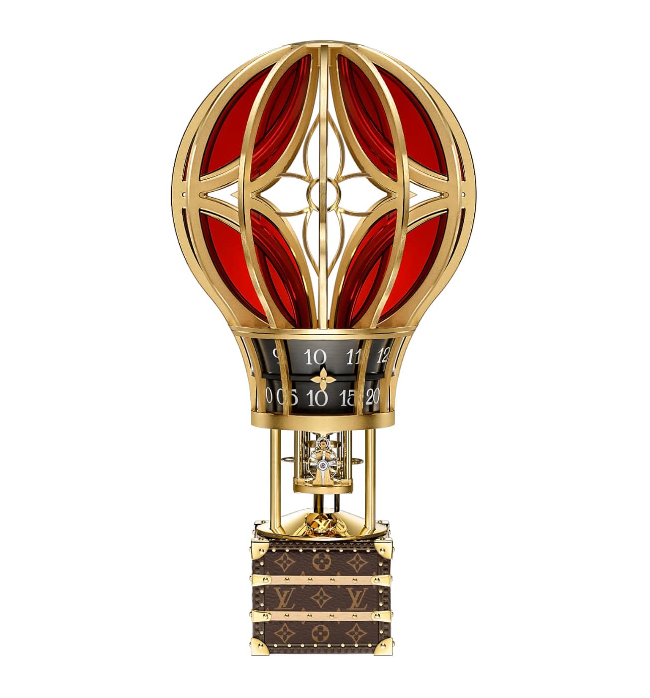 Tischuhr Montgolfière Aéro: Ein Heissluftballon transportiert den kleinsten jemals von Louis Vuitton gestalteten Koffer, in dem ein mechanisches Uhrwerk arbeitet.
