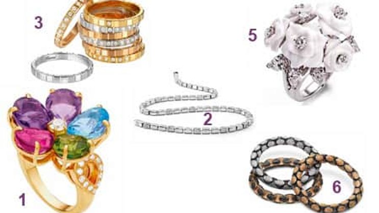 1 Bulgari, 2 Gübelin, 3 Choprad, 4 Bucherer, 5 Piaget (Legenden siehe unten)