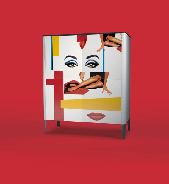 Roche Bobois: Die Kommode Rondo ist mit einem Motiv bedruckt, das an das Filmplakat von «Frauen am Rande des Nerven-zusammenbruchs» erinnert.
