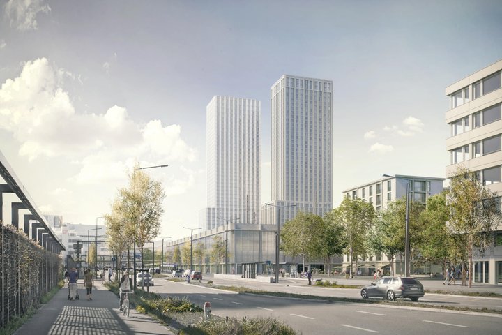 Eine Visualisierung des Projekts Ensemble mit gemeinnützigem Wohnungsbau rund ums neue Fussballstadion im Kreis 5.