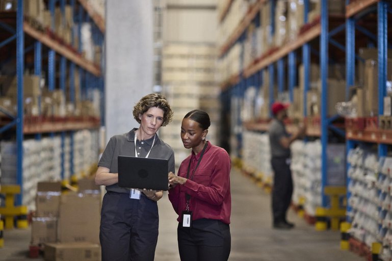 Female manager discussing with employee using laptop