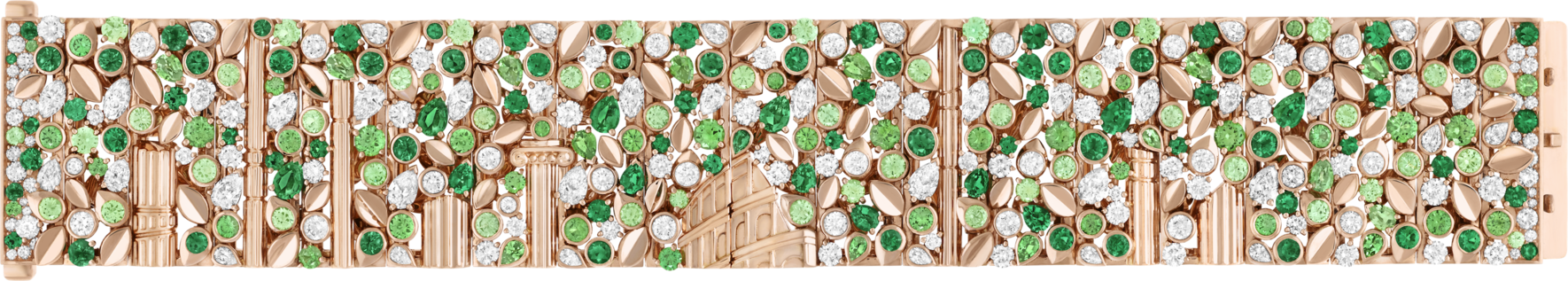 «Escale» aus der High-Jewelry-Kollektion ist ein Armband aus Roségold, verziert mit Smaragden, Tsavorit-Granatsteinen und Diamanten – gedacht als eine Ode an das Kolosseum und die antiken Überreste von Rom.