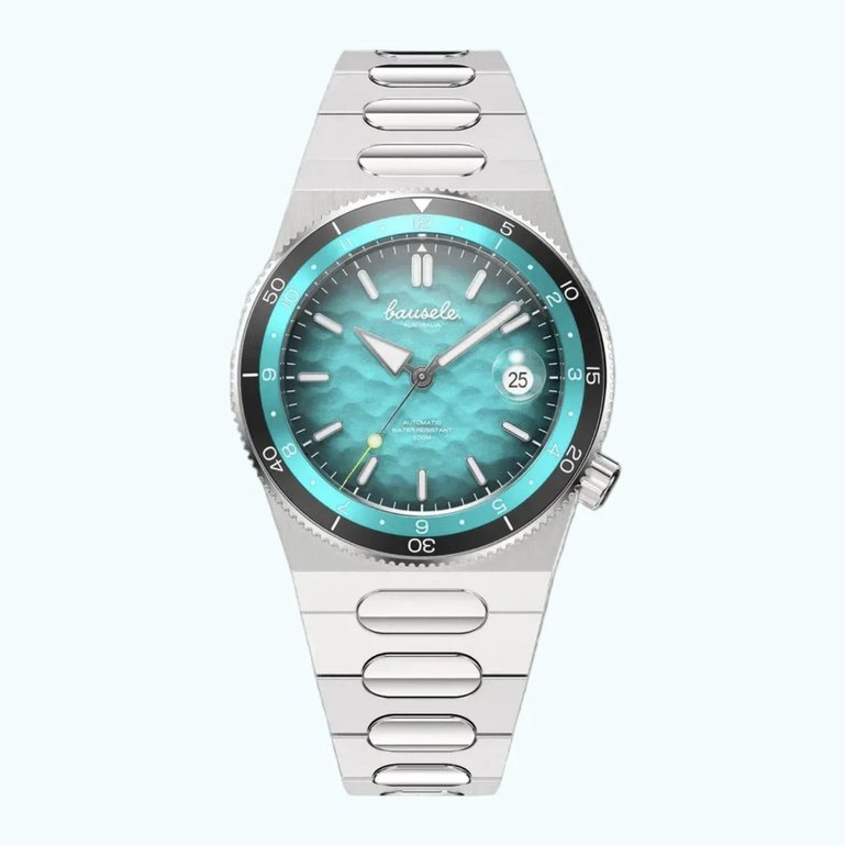 Die Taucheruhr Oceanic Blue: 40-mm-Edelstahlgehäuse, Sellita-Werk, bis 200 m wasserdicht. 650 Euro.