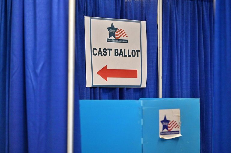 CHICAGO, ILLINOIS - OCTOBER 02: A sign reading 'CAST BALLOT' with a directional arrow is posted above voting booths inside the Chicago Voter Supersite at 137 S. State St. in downtown Chicago, Illinois, on October 2, 2026. The Supersite opened October 1 for early voting and voter registration ahead of the November 3 General Election. (Photo by Jacek Boczarski/Anadolu via Getty Images)
CHICAGO, ILLINOIS - OCTOBER 02: A sign reading 'CAST BALLOT' with a directional arrow is posted above voting booths inside the Chicago Voter Supersite at 137 S. State St. in downtown Chicago, Illinois, on October 2, 2026. The Supersite opened October 1 for early voting and voter registration ahead of the November 3 General Election. (Photo by Jacek Boczarski/Anadolu via Getty Images)