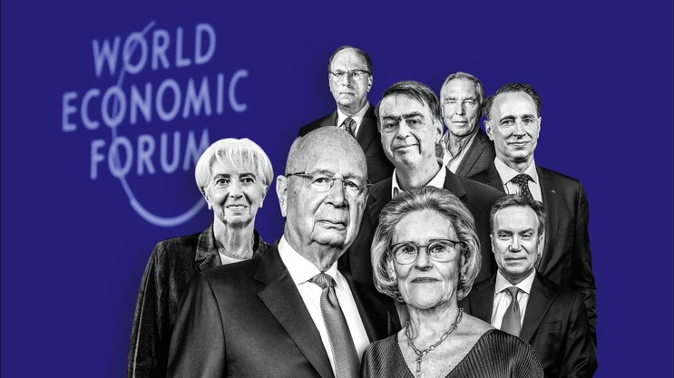 Die Schlüsselspieler des Dramas: WEF-Gründer Klaus Schwab und Gattin Hilde (vorne); Christine Lagarde, Larry Fink, André Hoffmann, Peter Brabeck, Thomas Buberl, Børge Brende (von links im Uhrzeigersinn).
