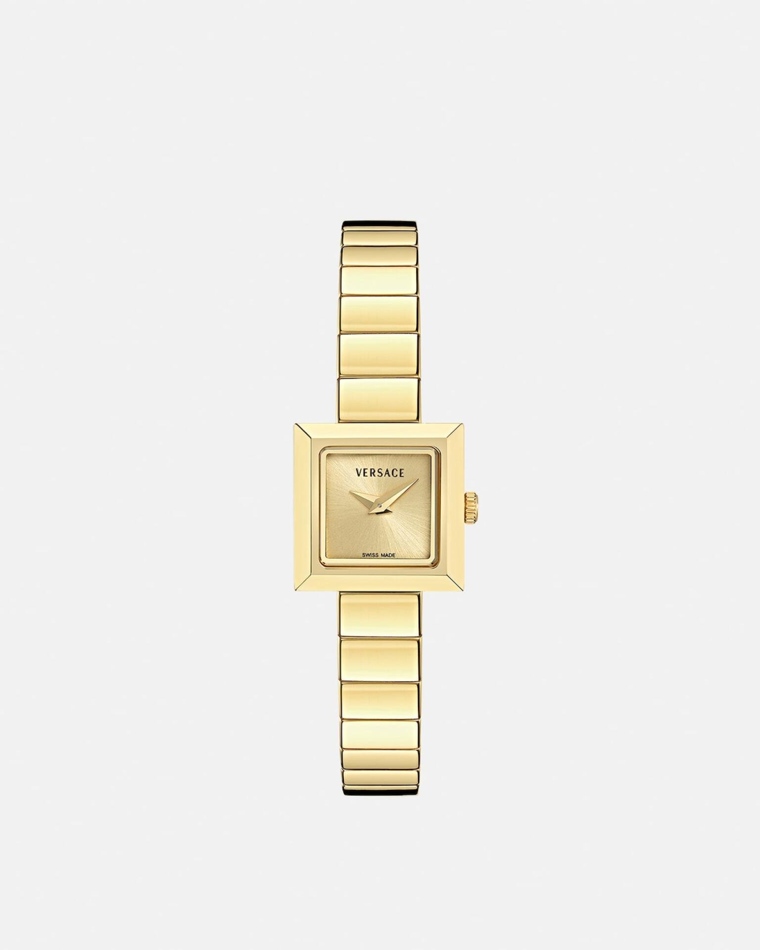 Versace, 18 x 18 Millimeter, ionenplattiert in Gelbgold, Quarzwerk, 1100 Franken.