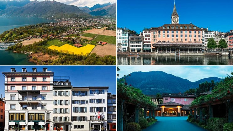 Bührle-Besitz: Die Hotels Terreni alla Maggia in Ascona und Storchen in Zürich (oben) sowie das Widder in Zürich und das Castello del Sole in Ascona (unten).