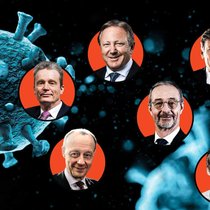 Infizierte Manager: Stadler-Rail-VR Fred Kindle, Ex-Swiss-Re-CEO Stefan Lippe, Implenia-Präsident Hans-Ulrich Meister, Berater Daniel Küng, Mobimo-Präsident Peter Schaub (oben v.l.), Locarno-Filmfestival-Präsident Marco Solari, Ex-Stadler-Rail-VR Friedrich Merz und Signa-Retail-Chef Dieter Berninghaus.