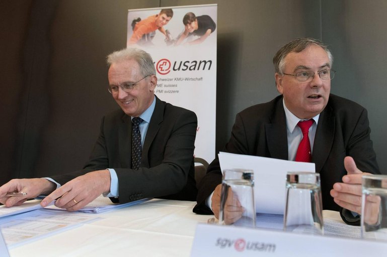 Hans-Ulrich Bigler (l.), Direktor des Schweizerischen Gewerbeverbandes, und Jean-Francois Rime, Präsident, kämpften 2013 gegen die Vorlage für verdichtetes Bauen (Raumplanungsrevision).