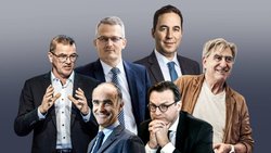 Tops und Flops im Jahr 2020: Pierre-Alain Ruffieux (oben links, Lonza, +54%), Paul Schuler (Mitte links, Sika, +26%), Gilles Andrier (unten links, Givaudan, +19%), Christian Mumenthaler (oben rechts, Swiss Re, -25%), Nick Hayek (Mitte rechts, Swatch Group, -15%), Patrick Frost (unten rechts, Swiss Life, -18%)