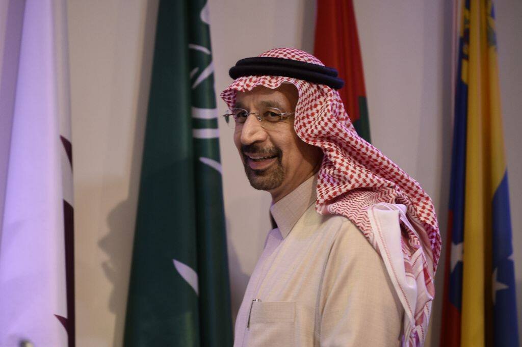 VIENNA, AUSTRIA - NOVEMBER 30: Saudi Arabia's Minister of Energy, Industry and Mineral Resources, Khalid Al-Falih, Russia Energy Minister Alexander Novak (not seen), Secretary General of OPEC, Mohammed Barkindo (not seen) hold a press conference during the 173rd Ordinary Meeting of the Organization of Petroleum Exporting Countries (OPEC), in Vienna, Austria on November 30, 2017. (Photo by Omar Marques/Anadolu Agency/Getty Images)
