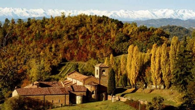 Blick auf das Basso Monferrato: Sanfte Hügelzüge und Waldpartien.