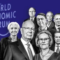 Die Schlüsselspieler des Dramas: WEF-Gründer Klaus Schwab und Gattin Hilde (vorne); Christine Lagarde, Larry Fink, André Hoffmann, Peter Brabeck, Thomas Buberl, Børge Brende (von links im Uhrzeigersinn).