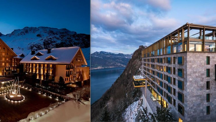CHEDI VS BÜRGENSTOCK Das «Chedi» (links) mit Baukosten von 300 Millionen Franken hat aus dem Provinznest Andermatt eine Tourismusdestination gemacht. Neun Jahre haben Planung und Bau des «Bürgenstock Resort» (rechts) gedauert, 550 Millionen wurden investiert.