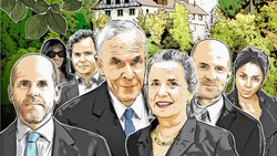 Diskreter Clan: August von Finck mit Gattin Francine (Mitte), links von ihm seine Kinder August François, Maria Theresia und Luitpold (von links). Rechts: Sohn Maximilian mit Gattin Ana Paula, einem brasilianischen Model. Im Hintergrund die Schweizer Residenz, Schloss Weinfelden im Thurgau.
