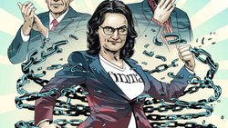Kettensprengerin: Finma-Präsidentin Marlene Amstad (M.) mit dem applaudierenden Ex-Finanzminister Ueli Maurer (o.l.) und dessen staunender Nachfolgerin Karin Keller-Sutter.