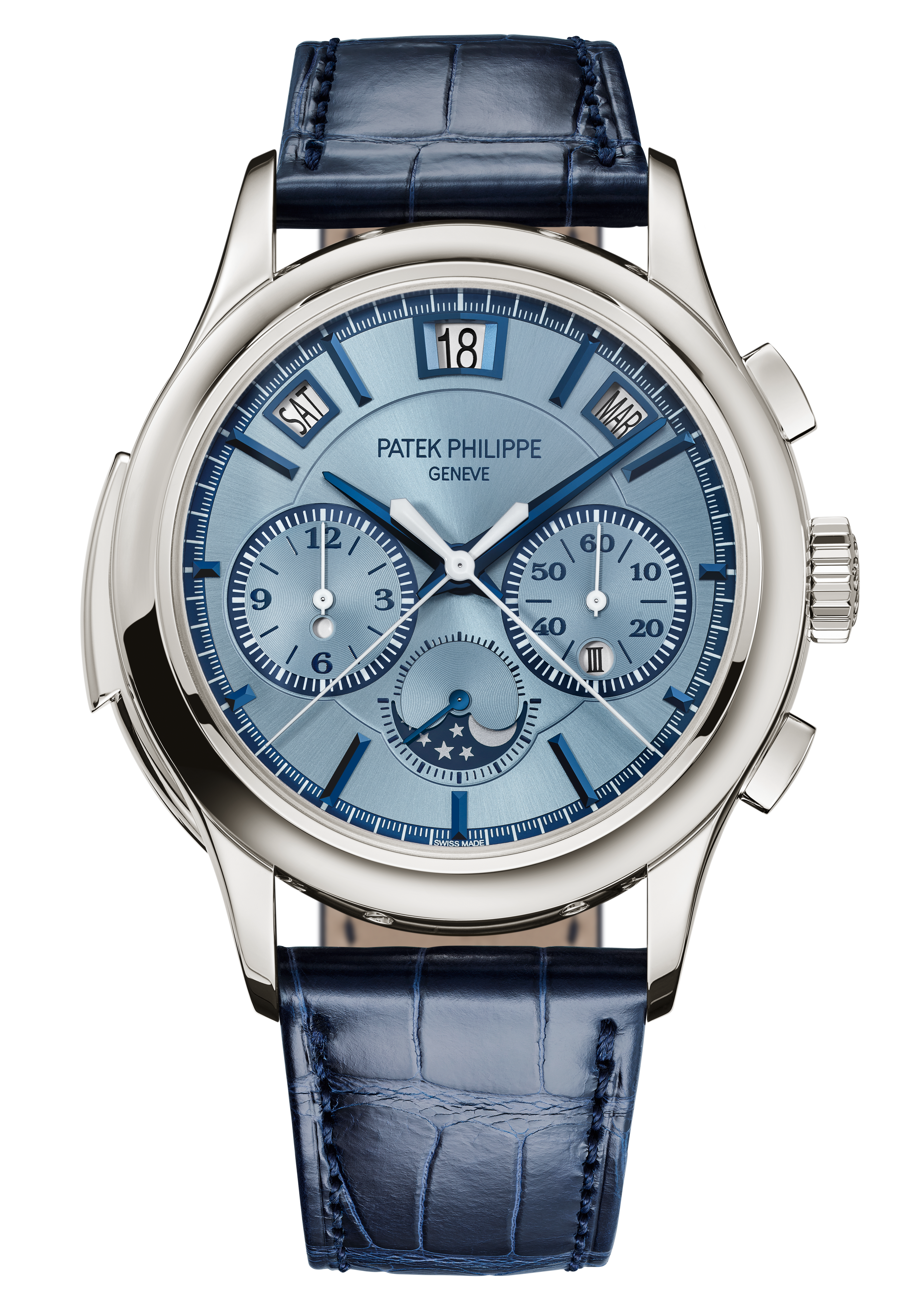 Quadruple Complication mit Minutenrepetition, Schleppzeiger-Chronograf und ewigem Kalender, Weissgold, 42 mm. Fr. 1'050'000.–.