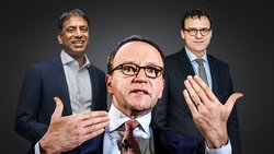 Neues Aktionariat: Novartis-Chef Vasant Narasimhan (l.), Swiss-Life-Chef Patrick Frost (r.) und Nestlé-CEO Mark Schneider haben nun mehr mit Schweizer Investoren zu tun. Bei Novartis haben die Schweizer von den Amerikanern die Poleposition übernommen.