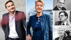 Vakanz: Karin Keller-Sutter wurde in den Bundesrat gewählt, ihr Ersatz, Stéphane Maquaire (l.), von Manor rausgestellt – seither hat der Verband keinen Präsidenten mehr fürs Erbe von Paul Eisenring, Klaus Hug und Bruno Frick (v.o.).